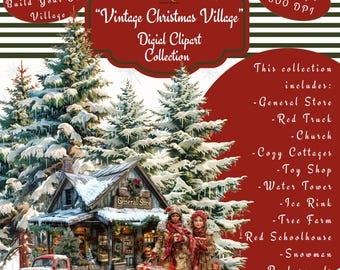 Digital Clipart "Vintage Christmas Village - Volume 1" | 25 PNGs | General Store, Water Tower, Tree Farm, Pine Tree, Schoolhouse, Snowman