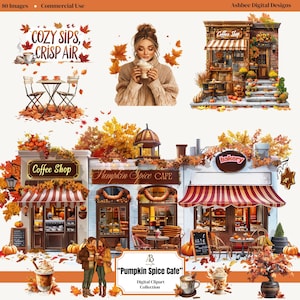 May include: Digital clipart collection featuring autumn-themed illustrations. Includes images of coffee shops, cafes, and people enjoying warm beverages. The text "COZY SIPS, CRISP AIR" and "Pumpkin Spice Cafe" are visible. The color palette includes orange, brown, and beige.