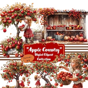 May include: A digital clipart collection called "Apple Country" Volume #4, featuring illustrations of red apples, apple trees, a wooden stand with apples, and children picking apples.