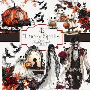 May include: Digital clipart collection featuring Halloween-themed illustrations. Includes a pumpkin carriage, ghost figures with jack-o'-lanterns, a bride, a groom, black crows, and roses. The text reads "Lacey Spirits".