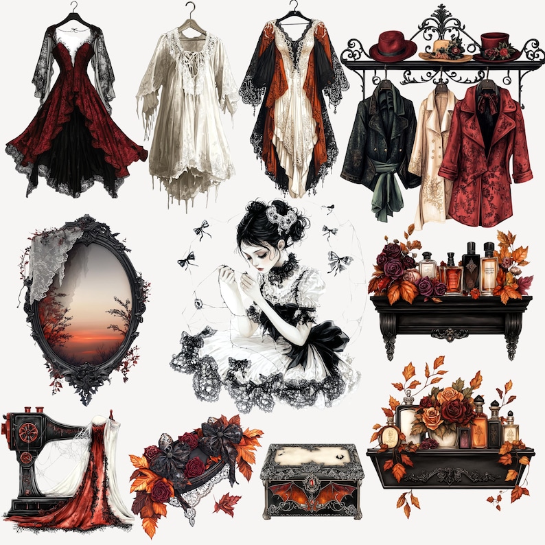 May include: An artistic display of gothic-inspired fashion and decor. The image features dresses, coats, hats, a mirror, a sewing machine, and decorative items. The color palette includes black, red, white, and orange tones, creating a dark, romantic aesthetic.