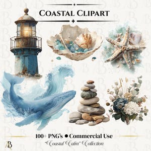 May include: Coastal clipart collection featuring a blue lighthouse, a whale breaching a wave, a seashell with gems, a starfish, a stack of stones, and a floral arrangement. The text "Coastal Clipart" and "Coastal Calm Collection" are also present.