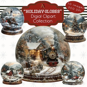 Imágenes prediseñadas, digitales, "Bolas de nieve navideñas" / 30 PNG / Bolas de nieve: oso negro, reno, árbol de Navidad, tren antiguo, pueblo de vacaciones