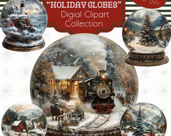 Clipart, Digital, "Holiday Globes" | 30 PNGs | Snowglobes - Black bear, Reindeer, Christmas Tree, Vintage Train, Holiday Village