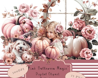 Könnte beinhalten: Eine digitale Clipart-Sammlung mit einem rosa und weißen Farbschema, das ein Mädchen, einen Hund, Kürbisse und Blumen zeigt. Der Text "Pink Halloween Magic" wird auf einem rosa Banner mit weißen Streifen angezeigt. Der Text "Digital Clipart Collection" wird auf einem rosa Banner mit weißen Streifen angezeigt. Der Text "25 PNG Images" wird auf einem rosa Banner mit weißen Streifen angezeigt.