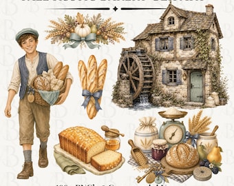 Fall Bakery Clipart, Rustic Bakery Watercolor PNG, Bread Clip Art, Cottagecore Autumn Clipart, Vintage Baking Commercial Use, 118 PNG