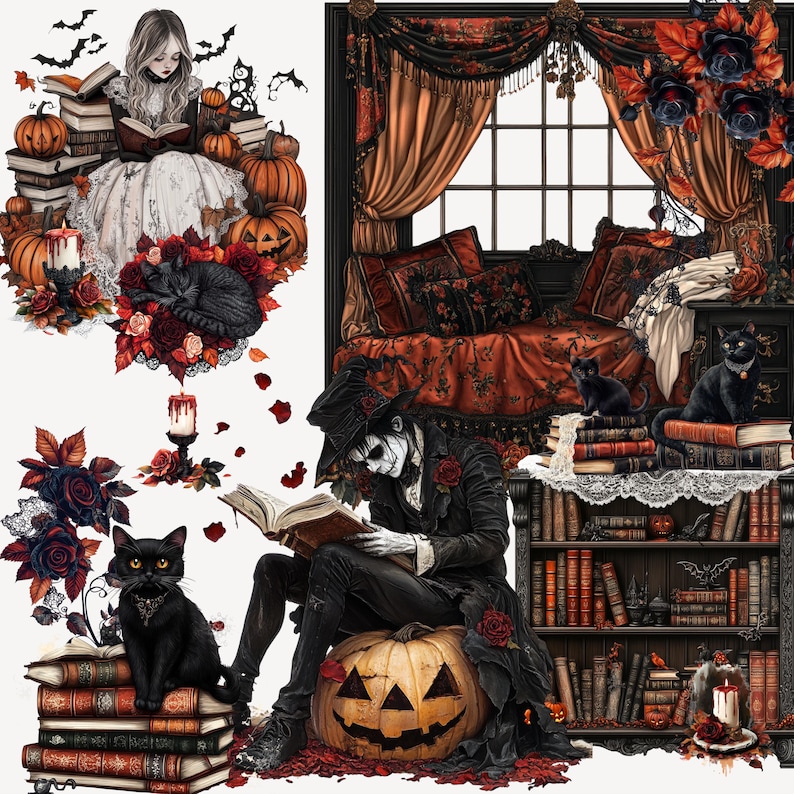 May include: Digital illustration featuring a gothic Halloween theme. A person in a witch hat reads a book while sitting on a carved pumpkin. Black cats, books, pumpkins, and roses are scattered throughout the scene.