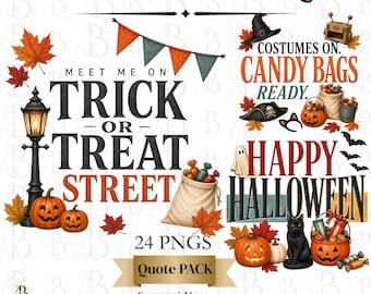 Trick or Treat Halloween Quotes Clipart, 24 PNG Halloween Sayings, Vintage Halloween Typography, Sublimation PNG, Commercial Use