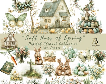 Soft Hues of Spring Clipart Collection: Easter Bunnies, Flowers (Digital Download)