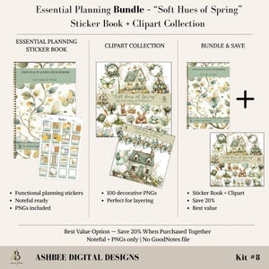 May include: An essential planning bundle with a sticker book and clipart collection. The design features soft hues of spring with floral and butterfly illustrations. Includes functional planning stickers, decorative PNGs, and a bundle option for savings.