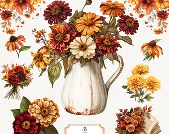 Fall Floral Clipart, Watercolor Autumn Flowers, Bouquets, and Wreaths (Digital Download)