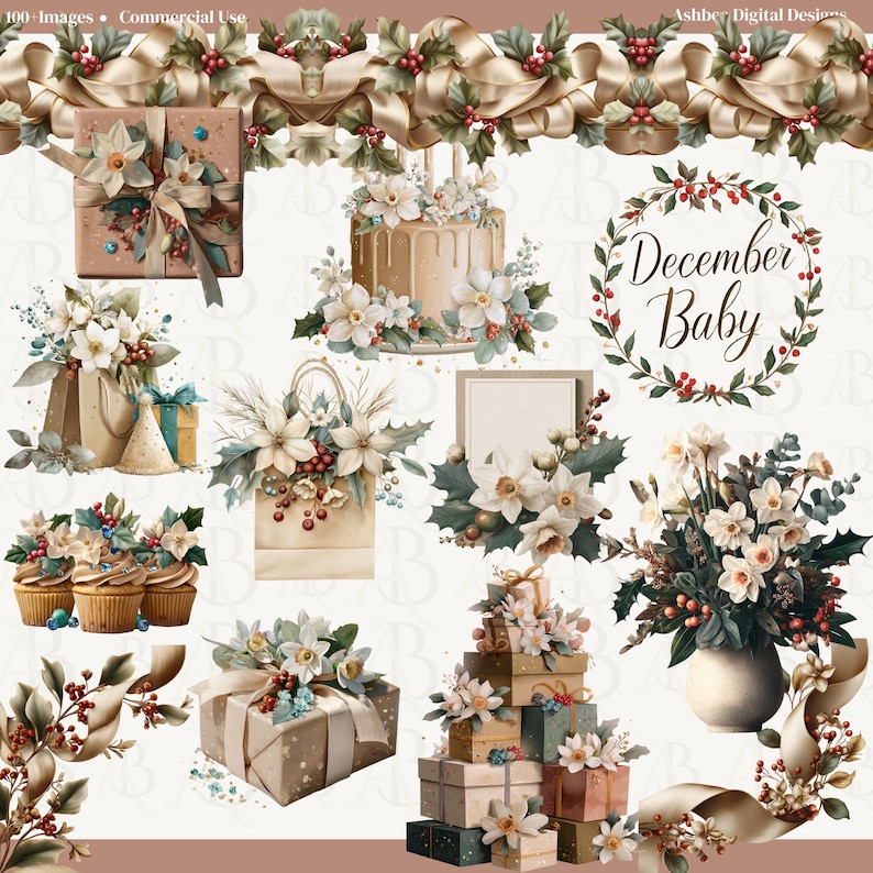 December Birthday Clipart | Neutral Winter Palette (pngs) - Etsy