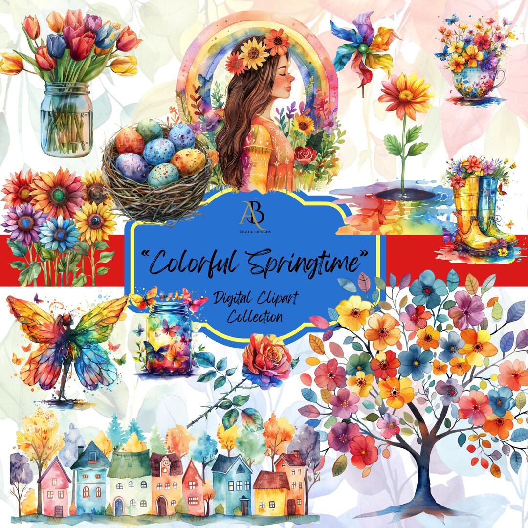 Clipart, Digital, "colorful Springtime" 100 Pngs, Vibrant, Whimsical ...