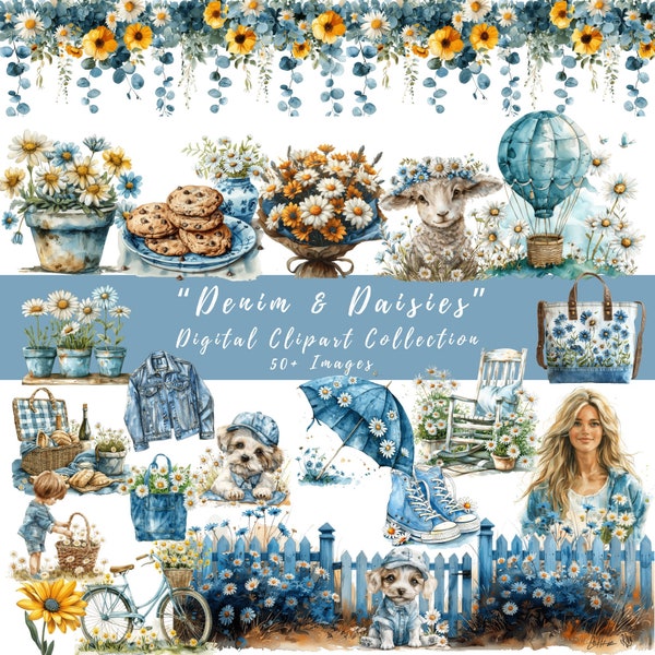 Denim and Daisies Digital Clipart Set|50+ Images| Springtime|High Quality PNG's|For Use in your Digital Planner