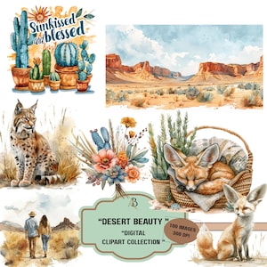 May include: Watercolor illustrations featuring desert themes. Includes images of cacti in pots, a desert landscape, a lynx, a bouquet, a sleeping fennec fox in a basket, a couple walking, and a fennec fox. Text reads "Sunkissed and blessed" and "Desert Beauty".