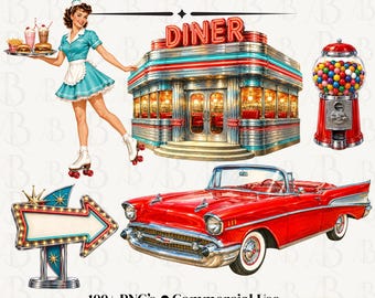 Rock Around the Block Clipart | 118 Retro 1950s PNG Clipart | Vintage Americana Diner, Classic Cars, Rock & Roll, Shops | Commercial Use