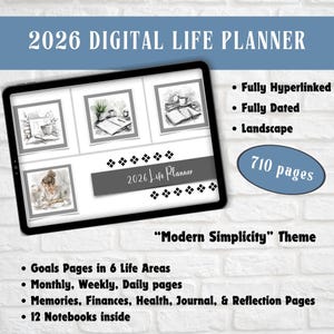 Puede incluir: Un planificador de vida digital para 2026, mostrado en una tableta. La pantalla muestra ilustraciones estilo acuarela y el texto "2026 Digital Life Planner". Incluye páginas totalmente enlazadas, fechadas y en formato horizontal, con 710 páginas y un tema "Modern Simplicity".