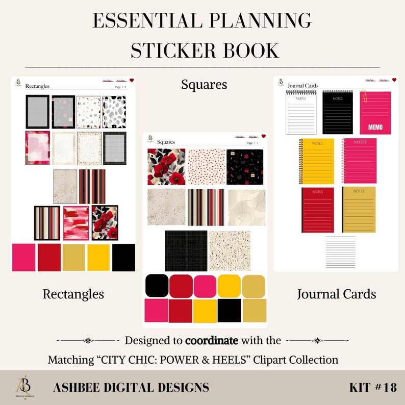 May include: A sticker book with the text "ESSENTIAL PLANNING STICKER BOOK". The book includes rectangles, squares, and journal cards with various designs, including floral patterns, stripes, and solid colors. The text "Designed to coordinate with the Matching CITY CHIC: POWER & HEELS Clipart Collection" is also visible.