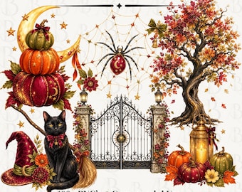 Spellbound & Sparkling Halloween Clipart, 109 Vintage Witch PNGs, Magical Fall Pumpkins, Black Cat, Potion, Gothic Halloween Commercial Use