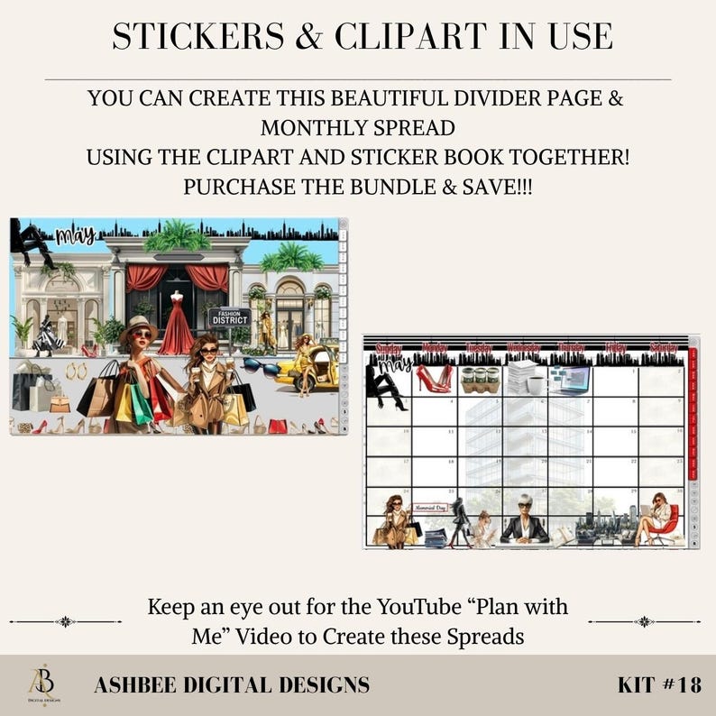 May include: Digital stickers and clipart for creating planner spreads. The image shows a fashion district scene with shoppers and a monthly calendar layout. Text includes "Stickers & Clipart in Use" and "Purchase the Bundle & Save!!!".
