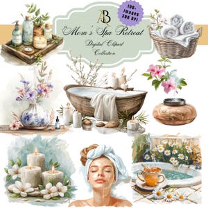 Clipart, digitaal, "Mom's Spa Retreat", 100 png's, Moederdag, Spa Essentials, zelfzorg, ontspanning, verwen moeder, wellness-clipart, kaarsen