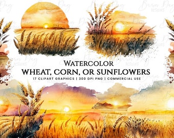 Watercolor Wheat Field Clipart: Farm Landscape Graphics (17 PNG)