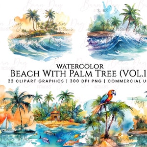 22 Watercolor beach with palm tree clipart bundle, digital download, digital planner, instant download, watercolor clipart, commercial use,
