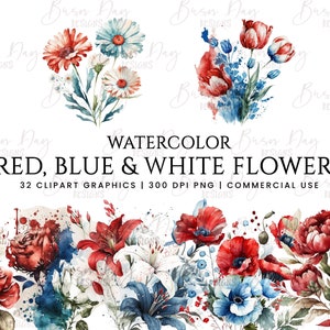 32 Aquarell rote, blaue und weiße Blumen Clipart-Bundle, digitaler Download, digitaler Planer, Aquarell Clipart, kommerzielle Nutzung,