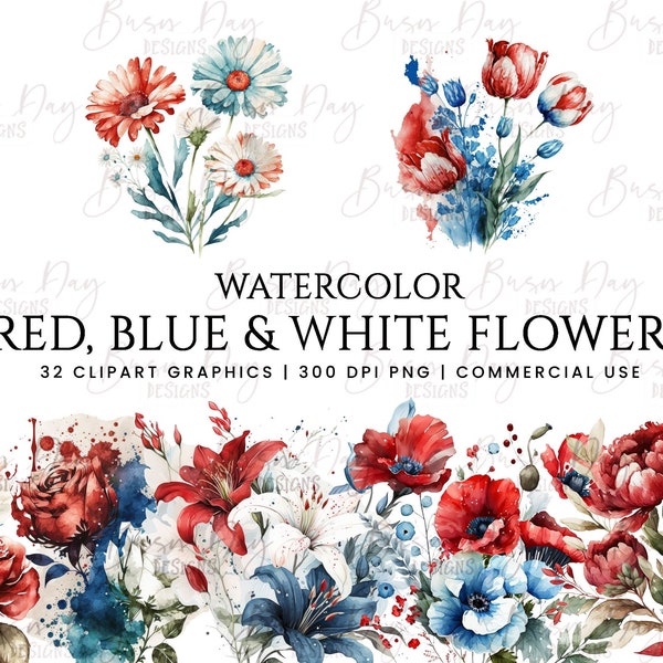 Watercolor Red, Blue and White Flowers clipart bundle, digital download, digital planner, watercolor clipart, commercial use,