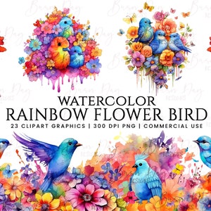 23 Watercolor Rainbow Flower Bird clipart bundle, digital download, digital planner, instant download, watercolor clipart, commercial use,