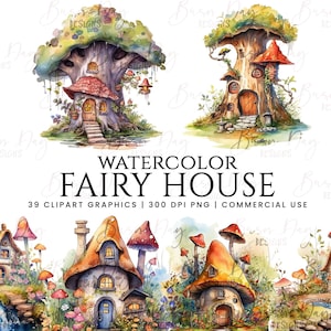 39 Clipart della casa delle fate dell'acquerello, uso commerciale, download digitale, download istantaneo, pianificatore digitale