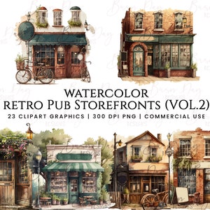 23 Watercolor retro Pub Storefronts Vol 2 clipart , commercial use, digital download, instant download, digital planner