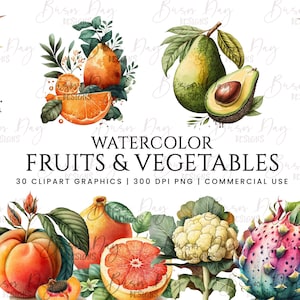 30 cliparts de fruits et légumes vintage aquarelle, clipart aquarelle, téléchargement numérique, téléchargement immédiat, impressions numériques, usage commercial