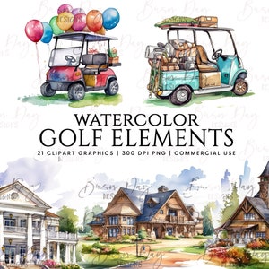 Paquete de 21 imágenes prediseñadas de elementos de golf de acuarela, Descarga digital, Planificador digital, Descarga instantánea, Imágenes prediseñadas de acuarela, Uso comercial,
