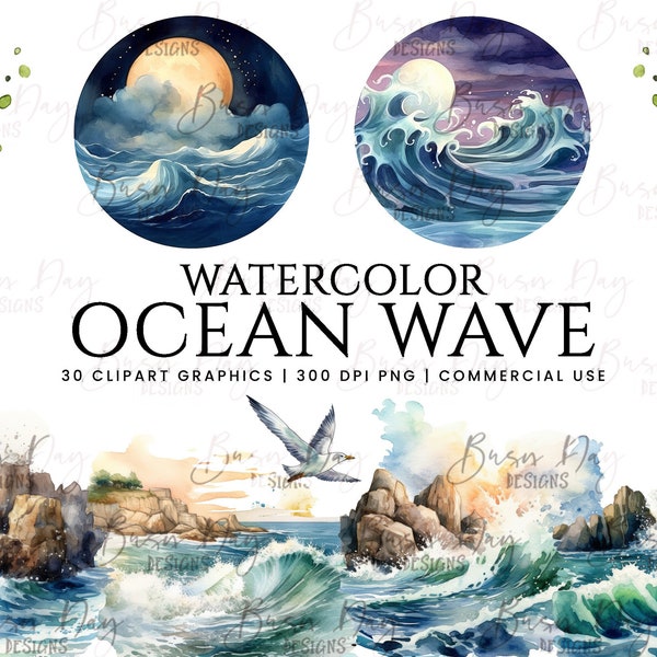 30 Watercolor Ocean wave Clipart  bundle, commercial use, digital download, instant download, Digital paper, digital planner, wall art