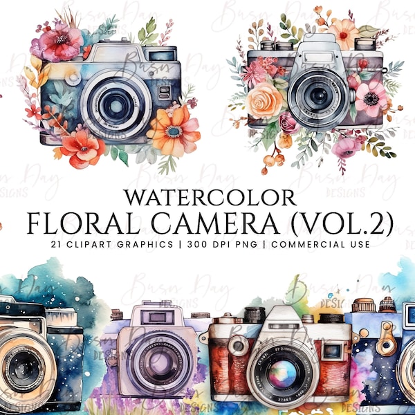 21 Watercolor Floral Camera clipart bundle, digital download, digital planner, instant download, watercolor clipart, commercial use,