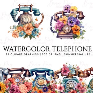 24 Watercolor Telephone clipart bundle, digital download, digital planner, instant download, watercolor clipart, commercial use,