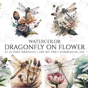 27 Watercolor Dragonfly on Flower clipart, clipart bundle, commercial use, digital download, instant download, printable art