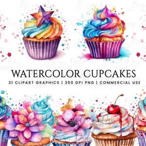 31 Paquete de imágenes prediseñadas de cupcakes de acuarela, imágenes prediseñadas de acuarela, descarga digital, descarga instantánea, impresiones digitales, uso comercial
