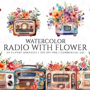 Paquete de 24 imágenes prediseñadas de radio de acuarela con flores, Descarga digital, Planificador digital, Descarga instantánea, Imágenes prediseñadas de acuarela, Uso comercial,