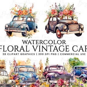 28 Watercolor Floral Vintage Cars clipart, digital download, digital crafting, digital planner, instant download, digital prints, wall art