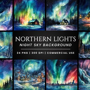 24 Northern Lights Overlay Pacote de papel digital, scrapbooking digital, impressões digitais, download digital, download instantâneo, clipart com desconto