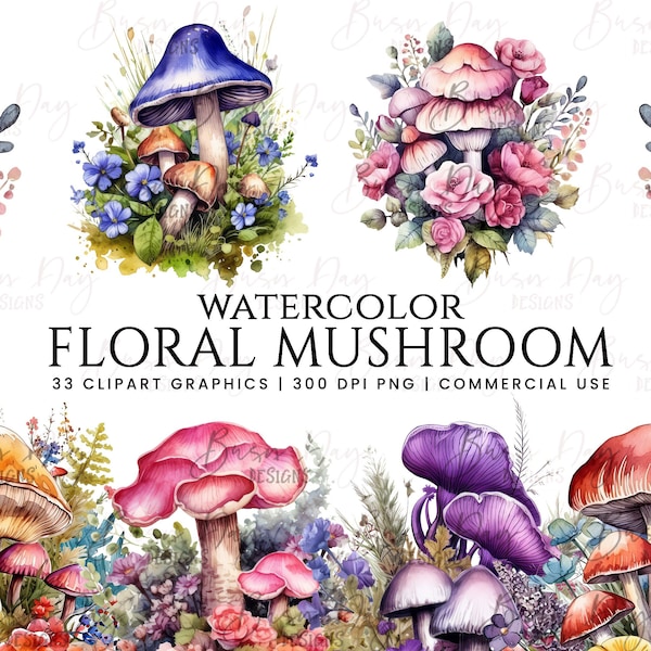 33 Watercolor Floral Mushroom clipart bundle, digital download, digital planner, instant download, watercolor clipart, commercial use,