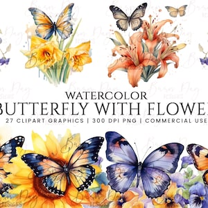 27 Pacote de clipart de borboleta em aquarela com flores, uso comercial, download digital, download instantâneo, arte para impressão