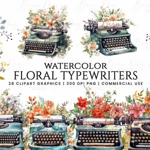 28 Watercolor Floral Typewriter Clipart bundle, commercial use, digital download, instant download, digital planner, digital prints