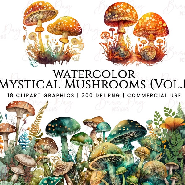 aquarelle Mystical Mushroom clipart bundle, téléchargement numérique, planificateur numérique, téléchargement instantané, clipart aquarelle, utilisation commerciale,