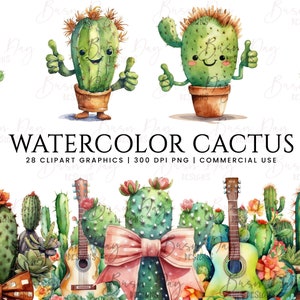 Paquete de 28 imágenes prediseñadas de plantas de cactus de acuarela, Descarga digital, Planificador digital, Descarga instantánea, Imágenes prediseñadas de acuarela, Uso comercial,
