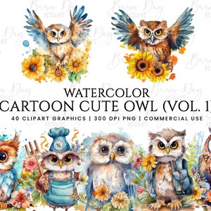 40 Watercolor cartoon cute owl clipart, digital download, digital planner, digital prints, instant download, watercolor clipart,