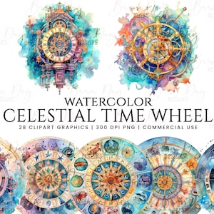 28 aquarel hemelse tijd wiel clipart bundel, digitale download, digitale planner, digitale prints, instant download, aquarel clipart,