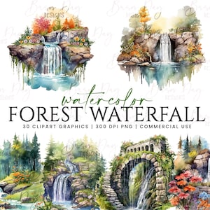 30 Watercolor Forest Waterfall clipart bundle, digital download, digital planner, instant download, watercolor clipart, commercial use,